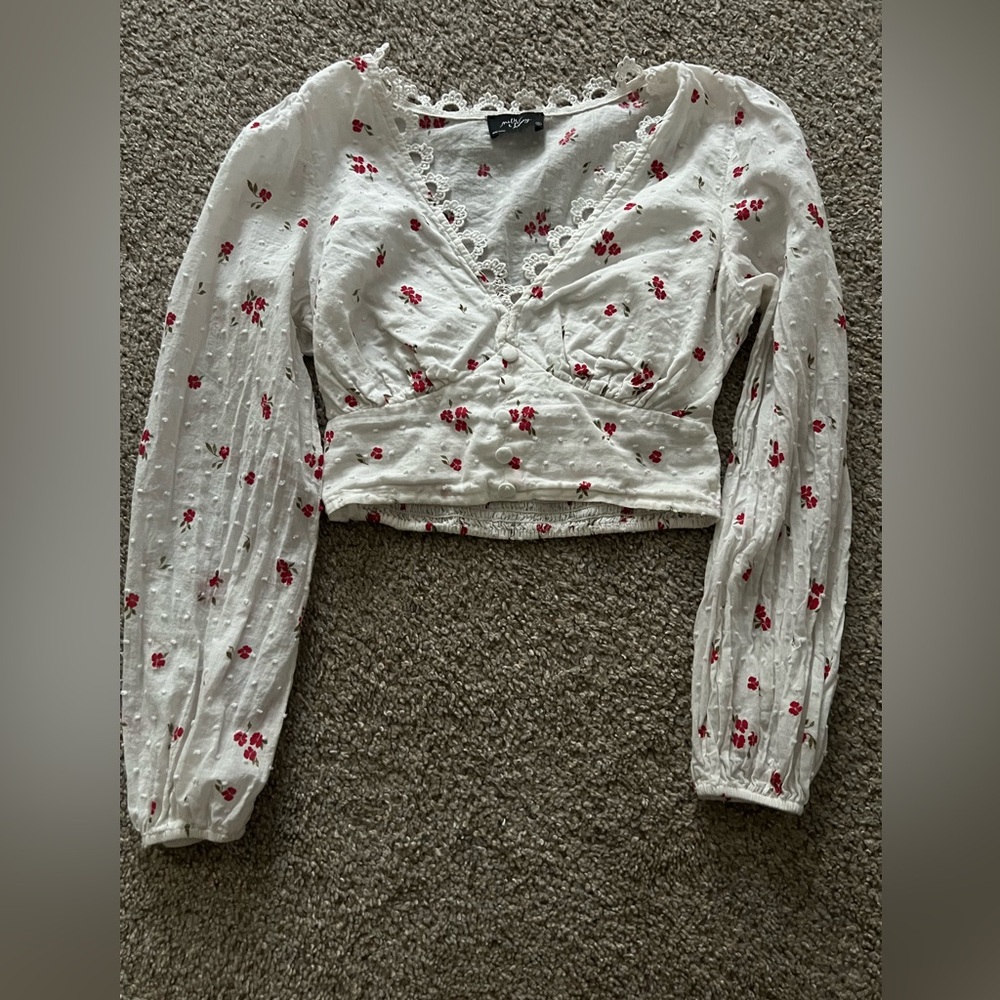Floral Lace-Trimmed White and Red Women's Top